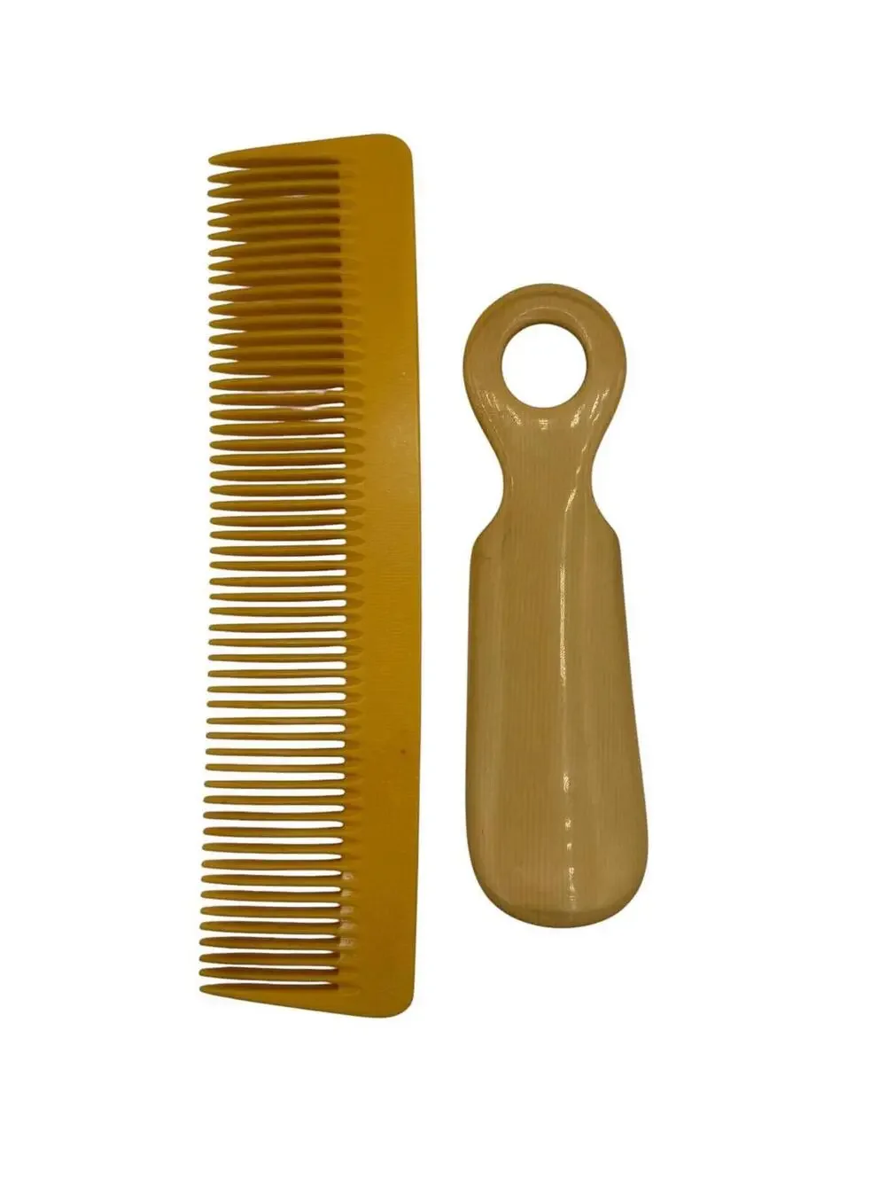 Vintage Yellow Celluloid Shoehorn and Hair Comb Set, Vanity Decor